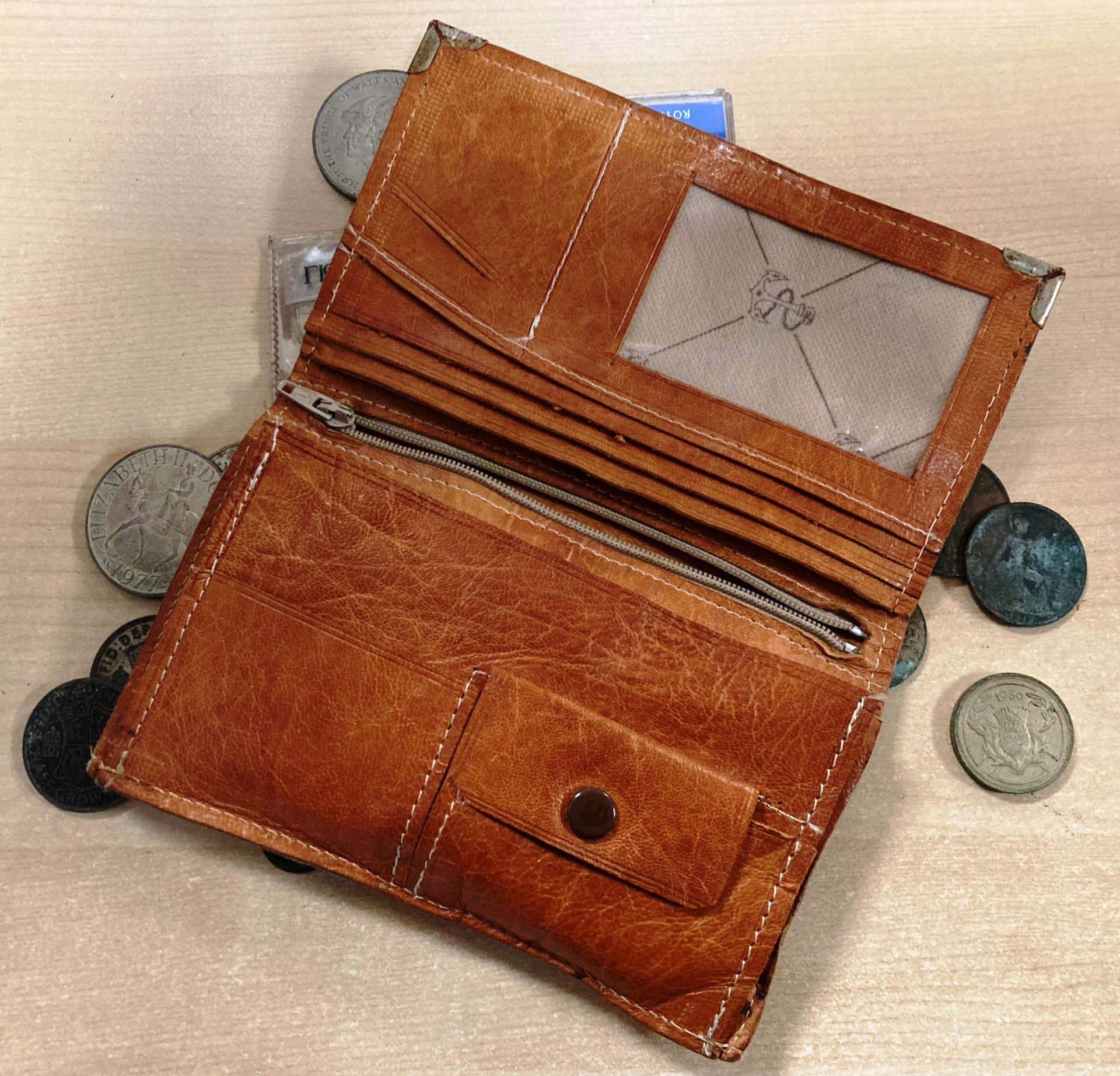 Contents to leather purse depicting a camel and palm tree-filled scene - a selection of coins and - Image 6 of 6