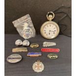 Selex pocket watch (working) with "LNER 9176 Relief" engraved to back,railway badges, cap badge,