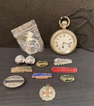 Selex pocket watch (working) with "LNER 9176 Relief" engraved to back,railway badges, cap badge,