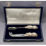 Silver [hallmarked] cheese knife and stilton scoop with double mouse handles by RICHARD JARVIS OF