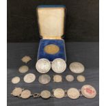 Contents to tub - assorted silver coins; one shilling pieces, half crown,