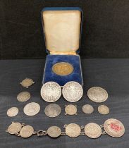 Contents to tub - assorted silver coins; one shilling pieces, half crown,