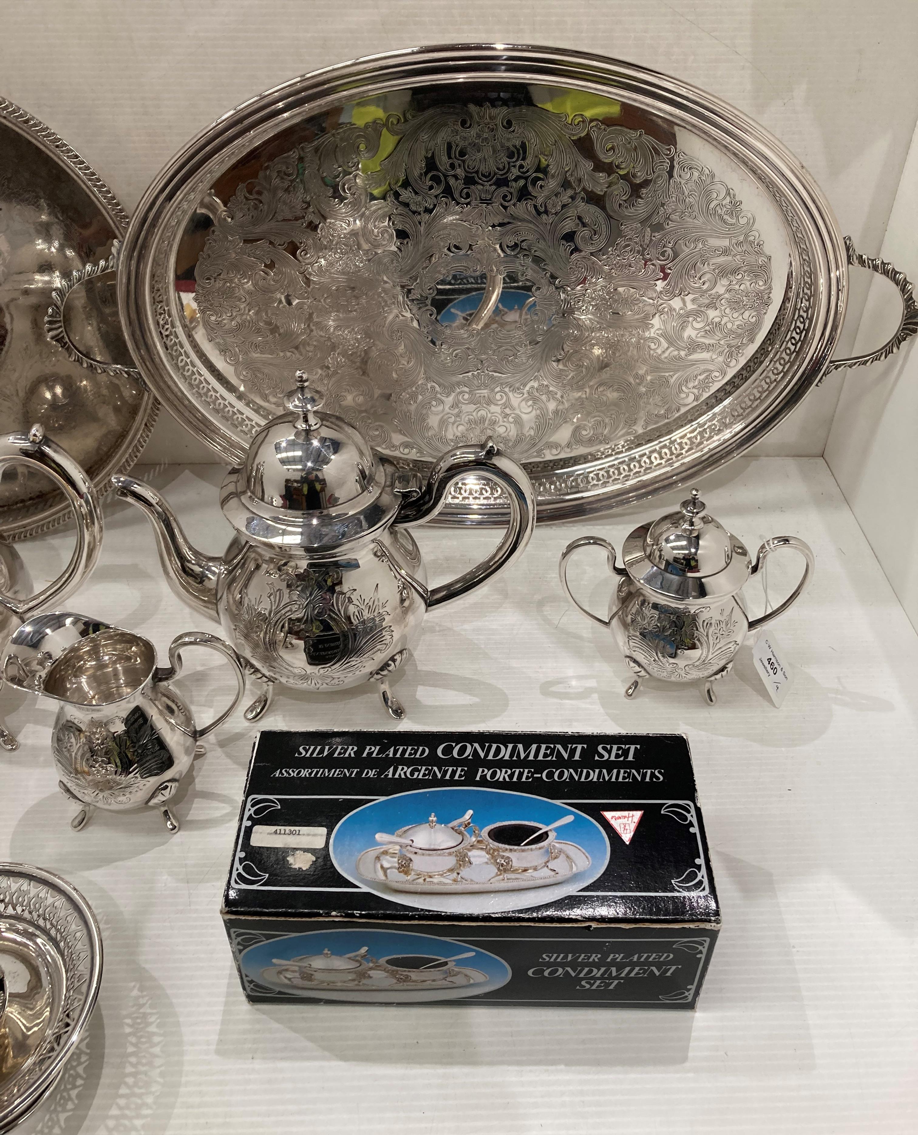 EPNS four piece tea service, Silver plated oval tray, silver plated condiment set, - Image 3 of 3