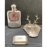 Three assorted silver [hallmarked] items including a decorative stags head ring holder and tray