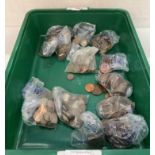 Contents to tray - fourteen money bags of coins including one penny pieces, three-pence pieces,