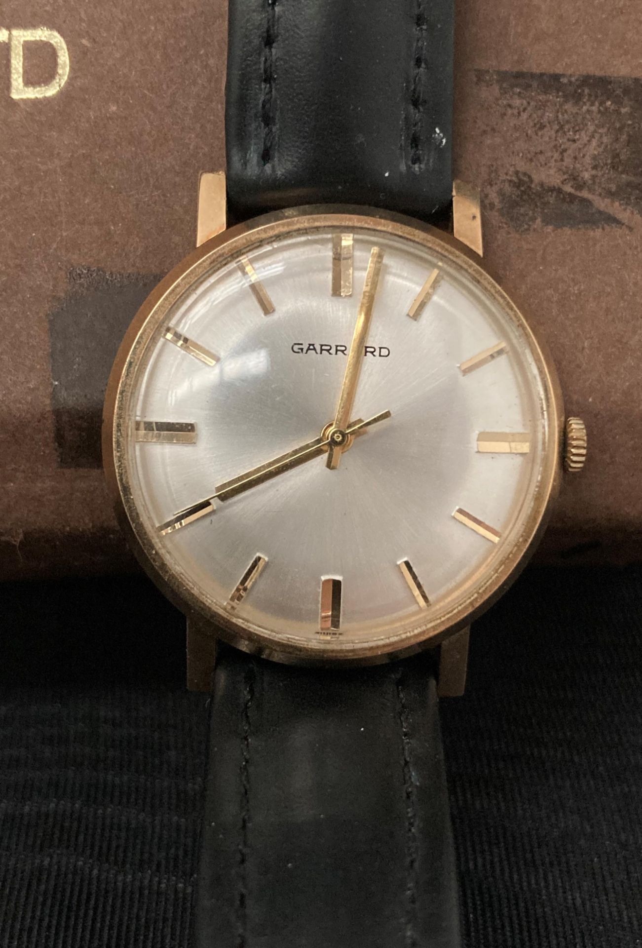 GENT'S GARRARD WRISTWATCH in gold (no hallmarks visible) with black and leather strap, - Image 2 of 4