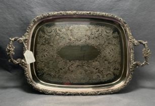 Silver plated double-handle tray with engraved foliage, 40cm x 31cm by Prestons Ltd,