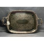 Silver plated double-handle tray with engraved foliage, 40cm x 31cm by Prestons Ltd,