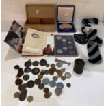 Contents to jewellery box - assorted coins, medals, school tie, British Legion badge,