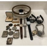 Cut glass bowl, assorted wrist watches by MuDu and Casio, assorted coins,