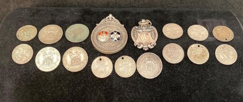 Two silver [hallmarked] medals and assorted silver coins. Total weight - 1.