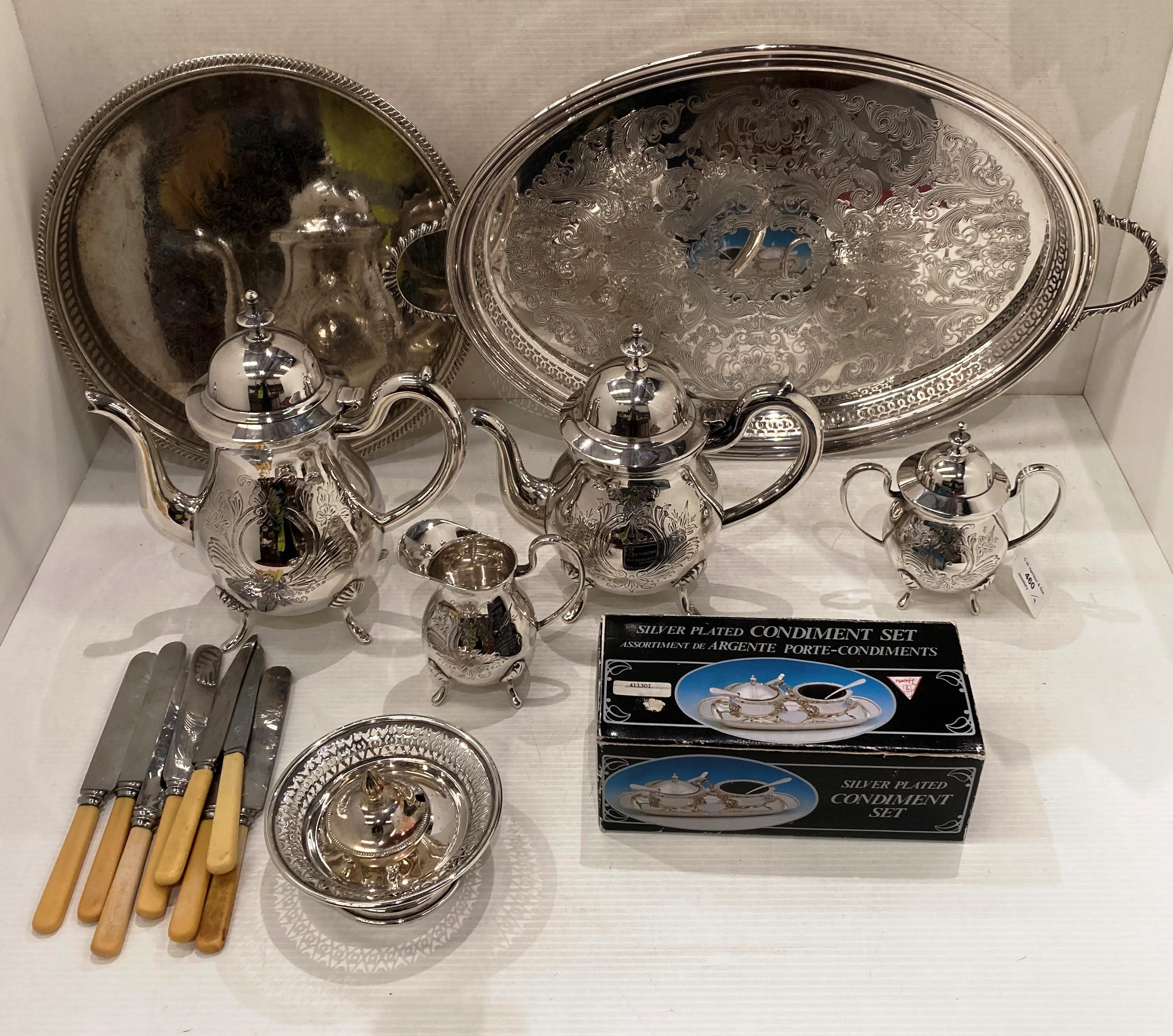 EPNS four piece tea service, Silver plated oval tray, silver plated condiment set,