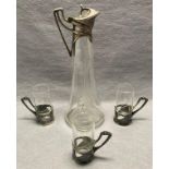 A WMF Art Nouveau liqueur glass set with a white metal mounted decanter and hinged lid,