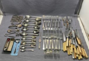 Contents to box - assorted EPNS, stainless steel, nickel silver cutlery including knives, forks,