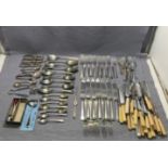 Contents to box - assorted EPNS, stainless steel, nickel silver cutlery including knives, forks,