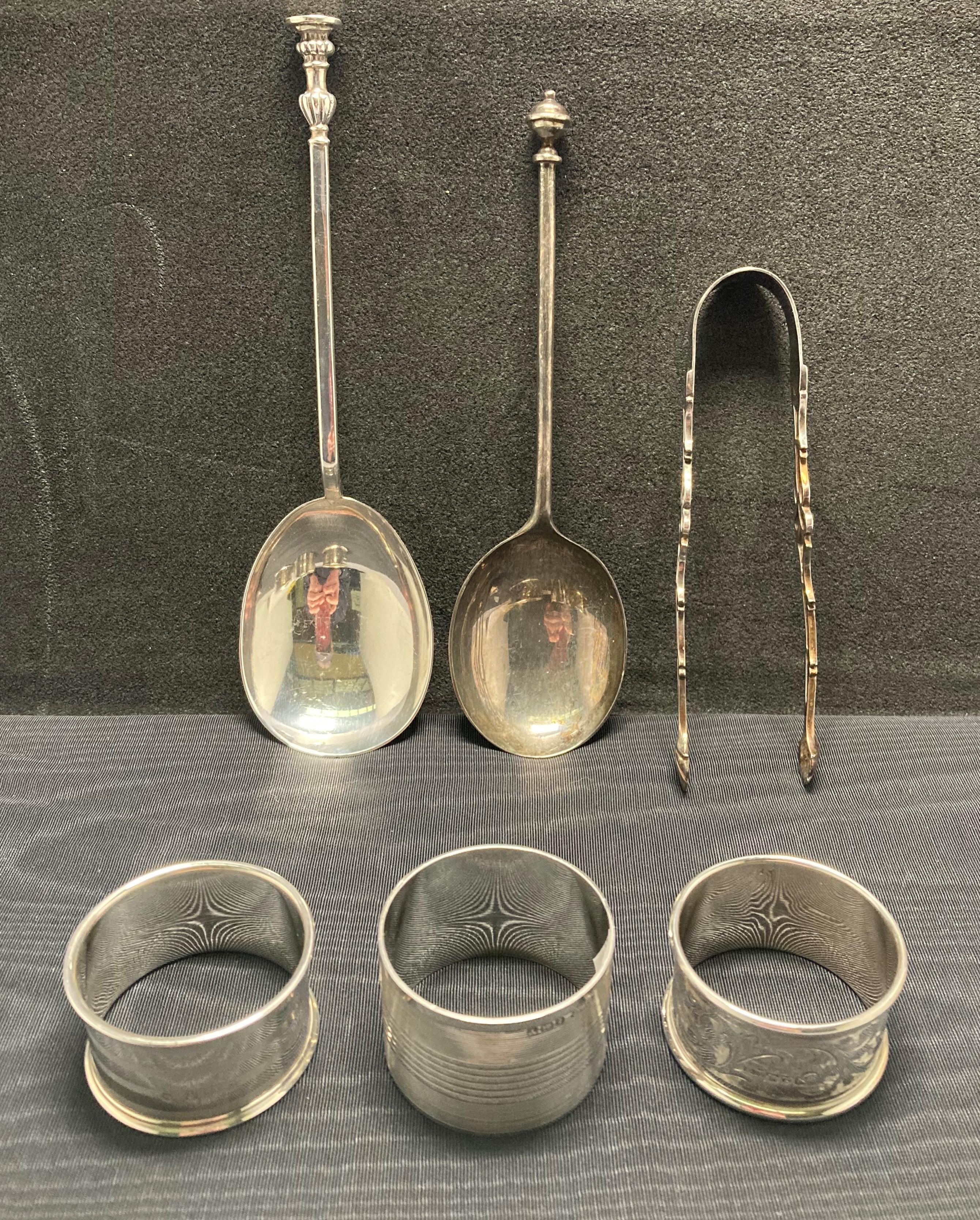 Six assorted silver [hallmarked] items including - two large spoons (dated 1920 and 1921),