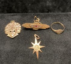 Two assorted gold pendants including a 15ct gold star pendant with pearl (1.