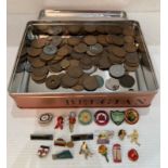 Contents to tin - assorted coins including one penny pieces, half penny piece,
