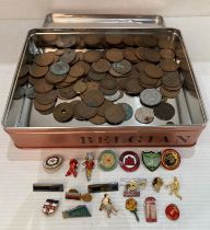 Contents to tin - assorted coins including one penny pieces, half penny piece,