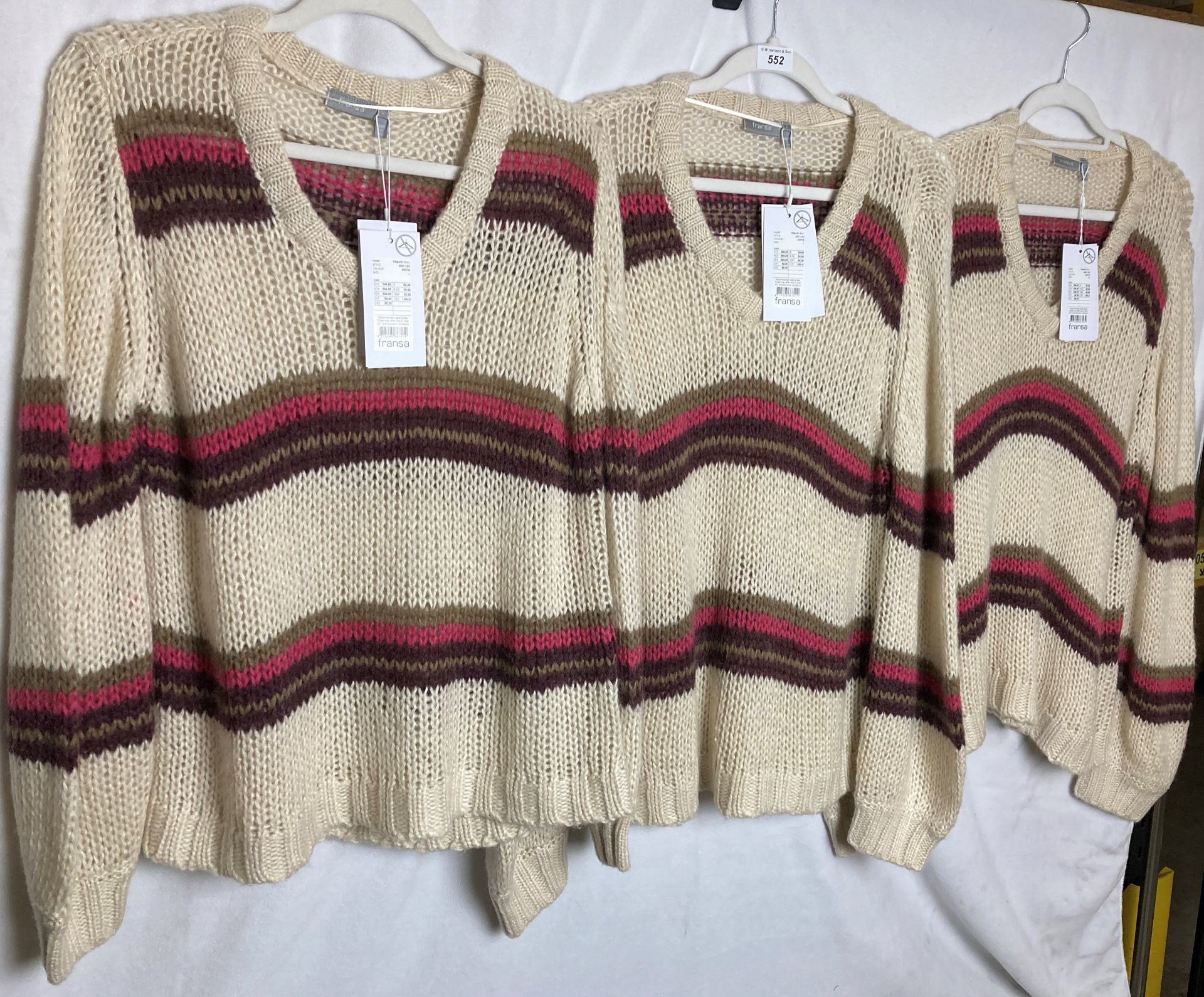 3 x FRANSA ladies cream, pink and brown stripe jumpers in sizes L and XL - RRP: £59.