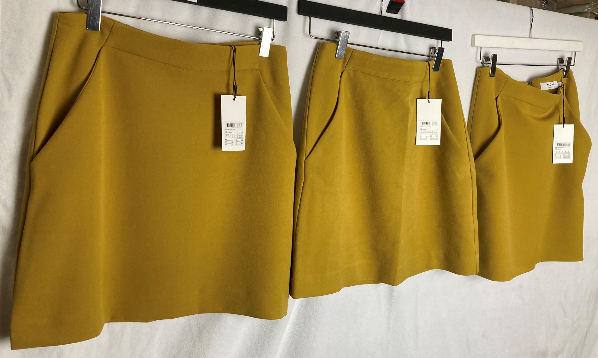 3 x MSCH ladies mini skirts in gold sizes S and M UK 6 and 8 - RRP: £54.