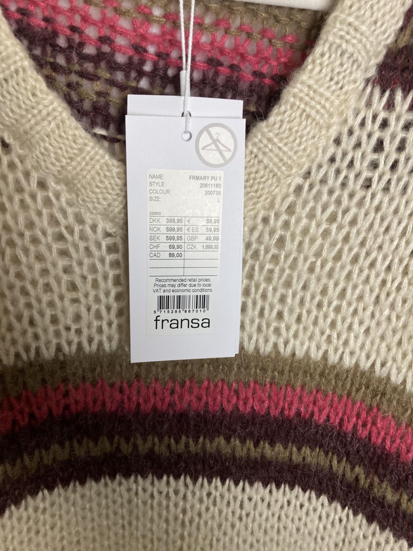 3 x FRANSA ladies cream, pink and brown stripe jumpers in sizes L and XL - RRP: £59. - Image 2 of 4