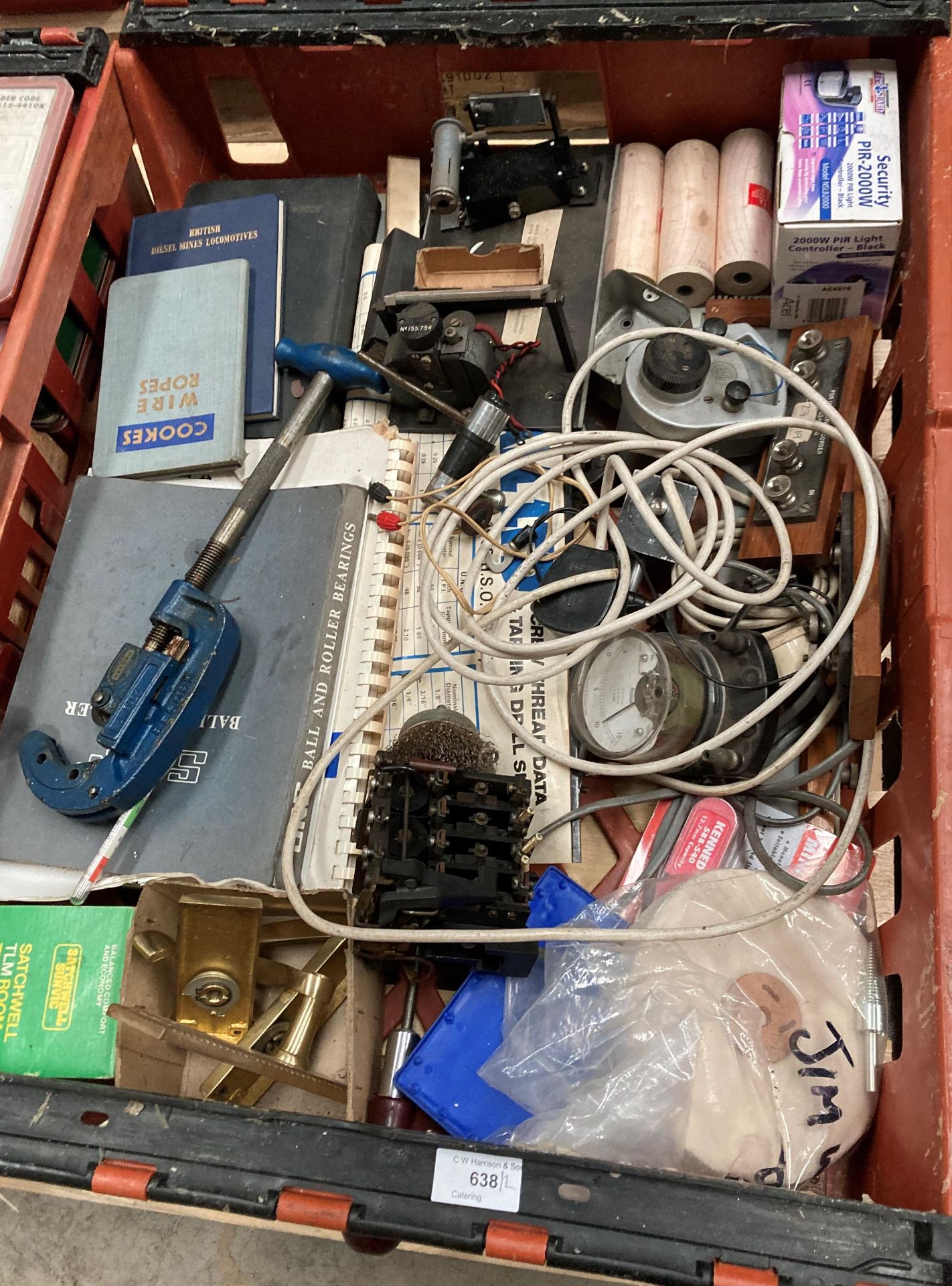 Contents to two red plastic bread crates - assorted electrical components and consumables (please - Image 2 of 3