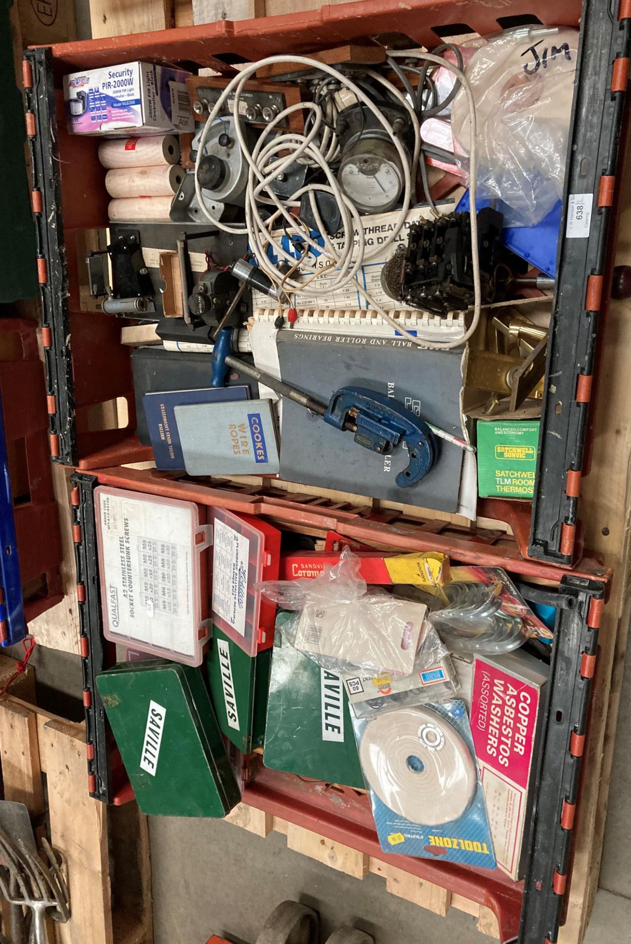 Contents to two red plastic bread crates - assorted electrical components and consumables (please