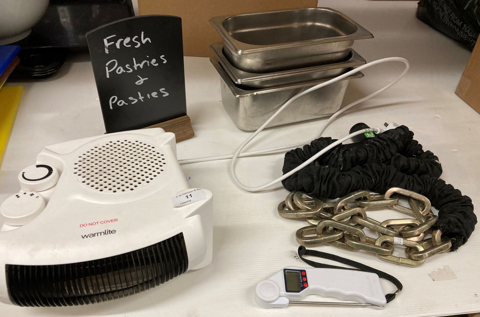 Seven assorted items to include 3 stainless steel Baine Marie pans, Warmlite fan heater,