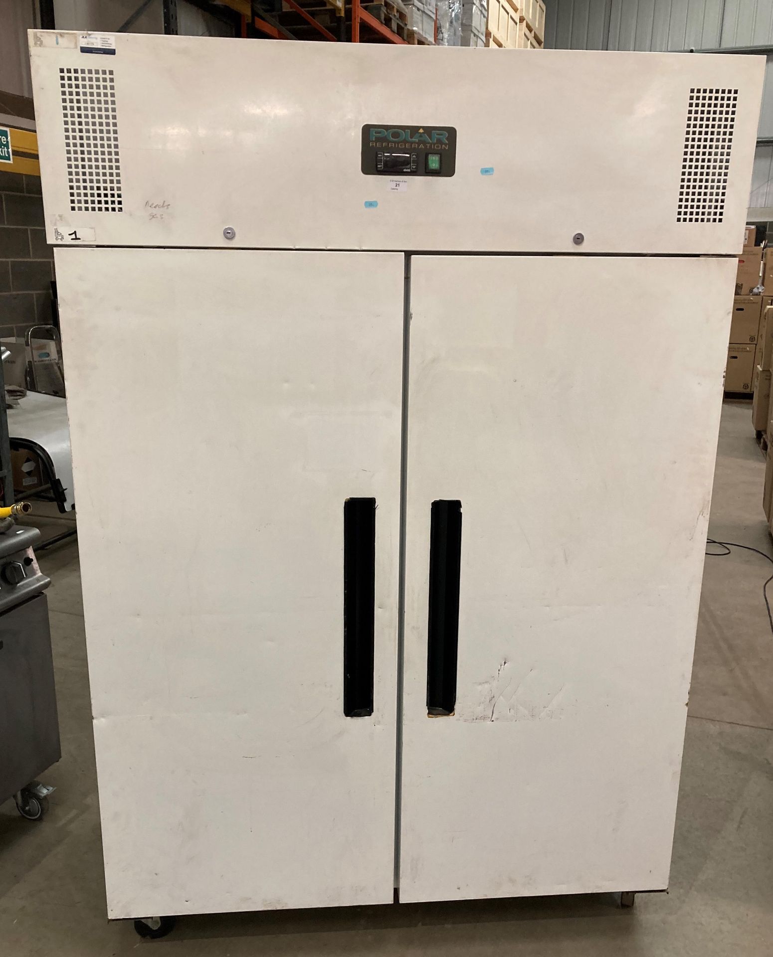 Polar refrigeration 2 door mobile upright white metal framed fridge fitted with 6 shelves size