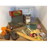 Plastic box containing twelve plus mainly vintage items including two flat irons,