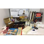 Artists' materials equipment including artist easel lamp, paints, coloured pencils, pastels,