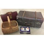Four items including a trunk suitcase 60 x 43 x 28cm, leather briefcase,