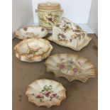 Six pieces of Devonware including Crown Ducal covered cheese dish,