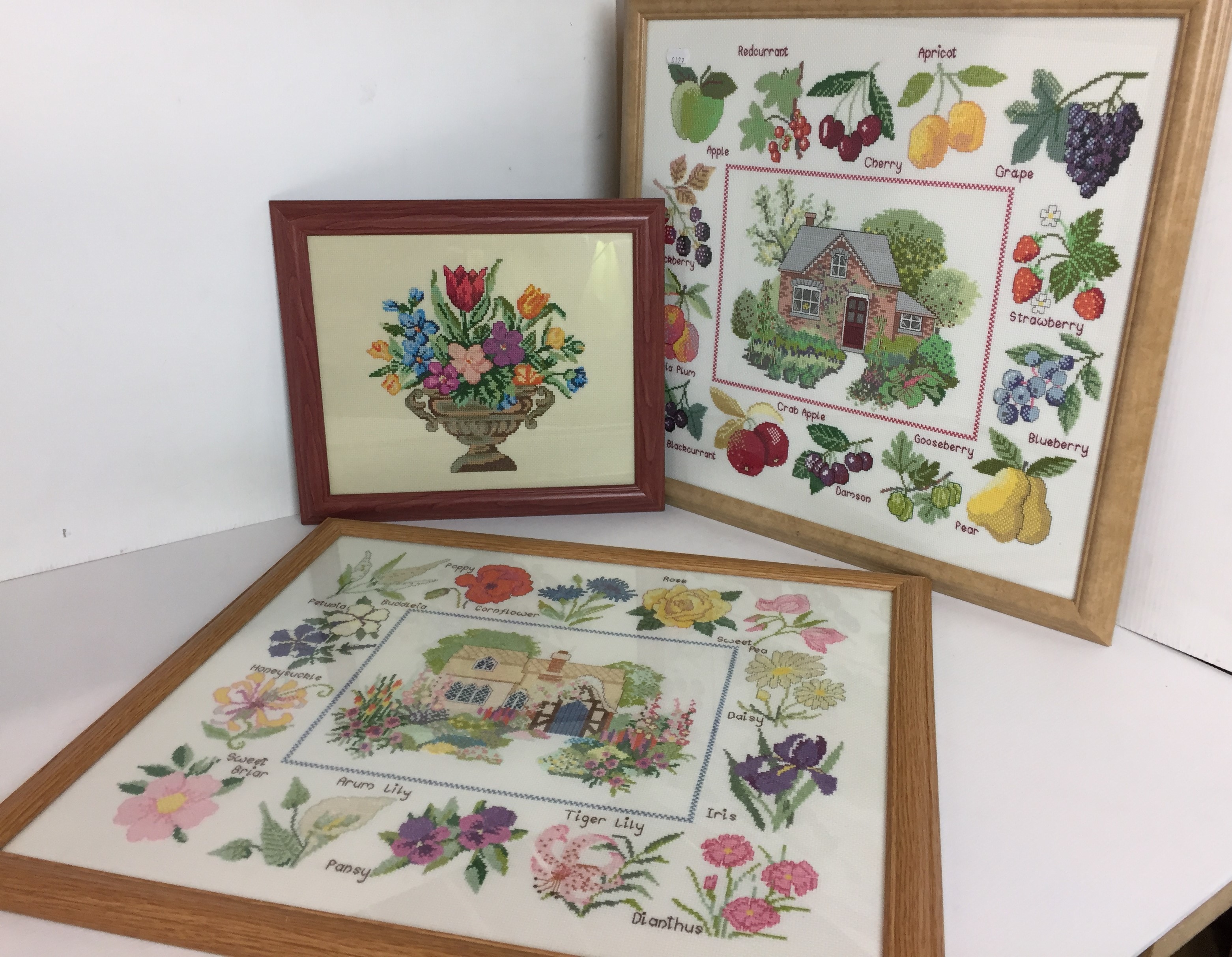 Three needle point framed pictures - fruit 52 x 49cm,