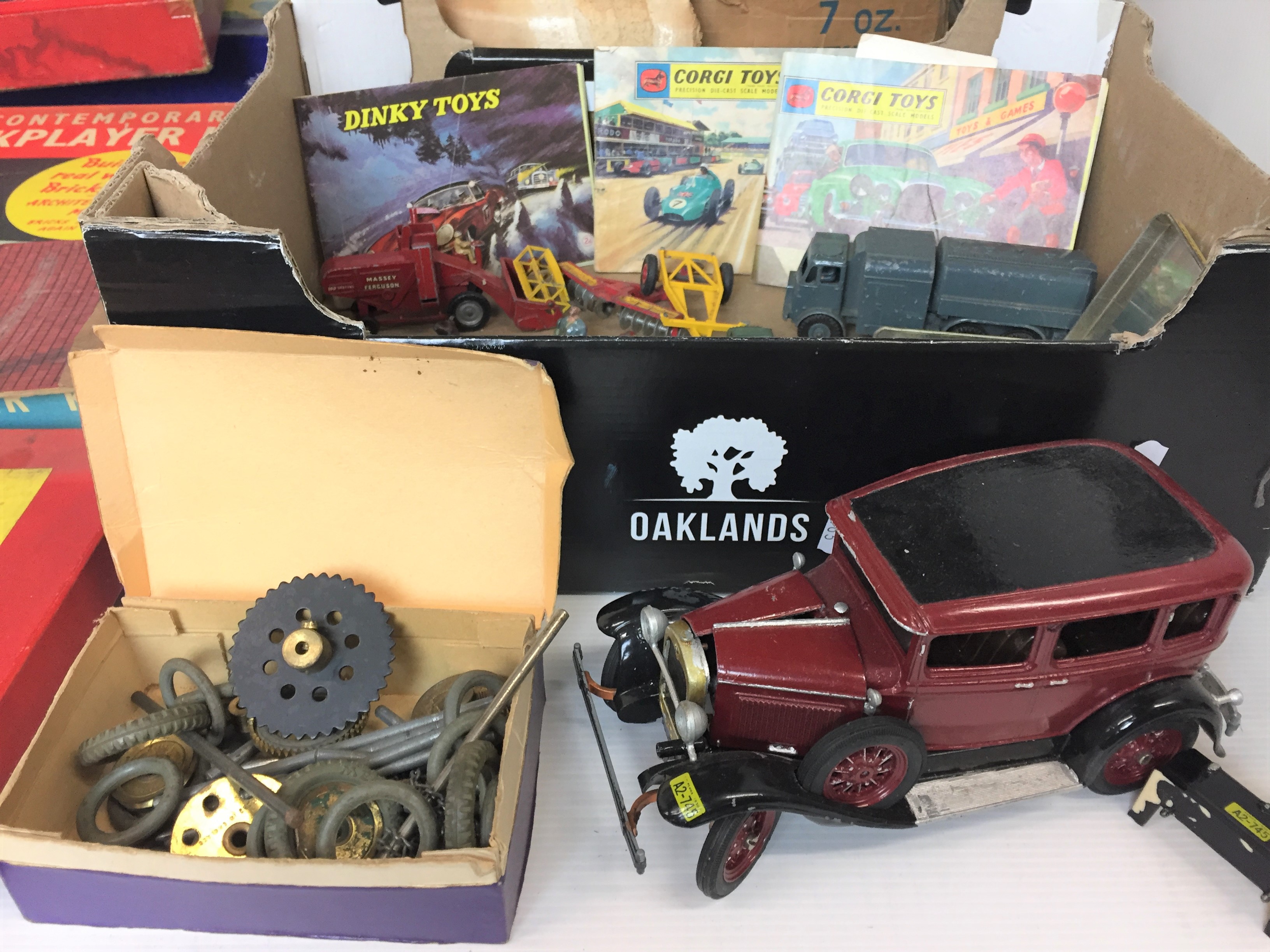 Two boxes containing diecast vehicles, Meccano, Press-Fix, table tennis games, metal farm animals, - Image 2 of 6