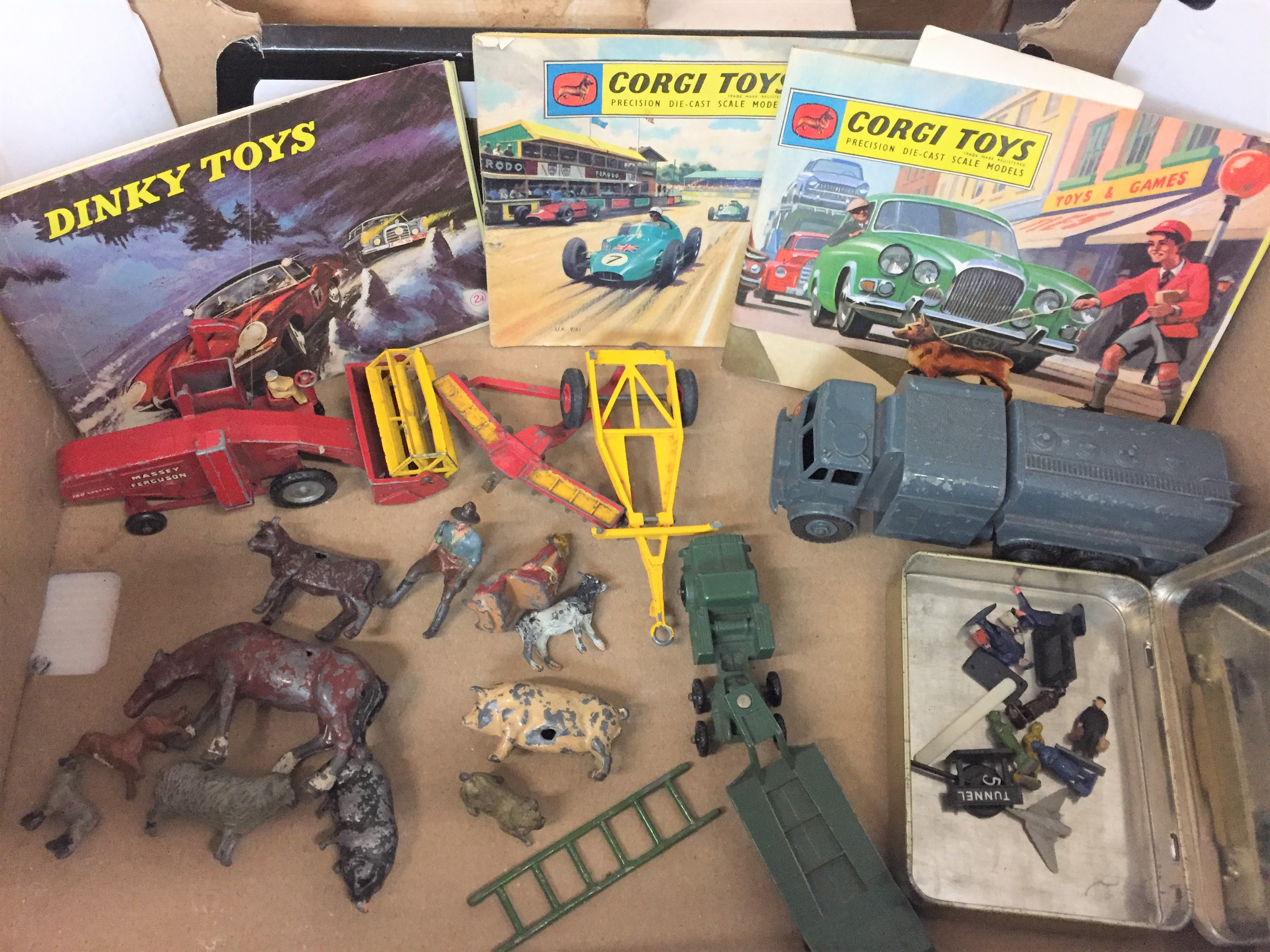 Two boxes containing diecast vehicles, Meccano, Press-Fix, table tennis games, metal farm animals, - Image 3 of 6