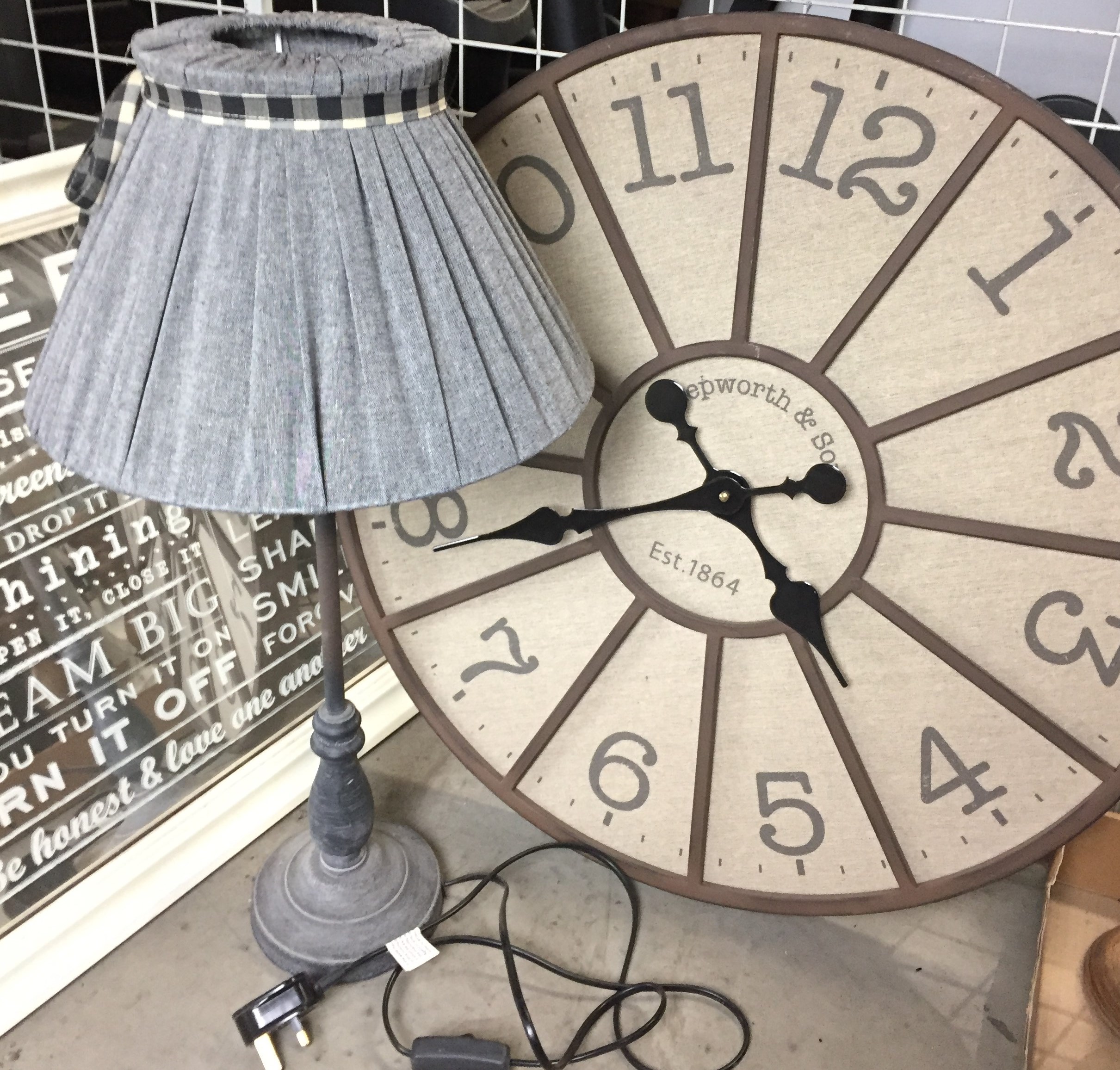 Four items - metal framed battery wall clock 60cm diameter, grey table lamp with shade 60cm high, - Image 2 of 3