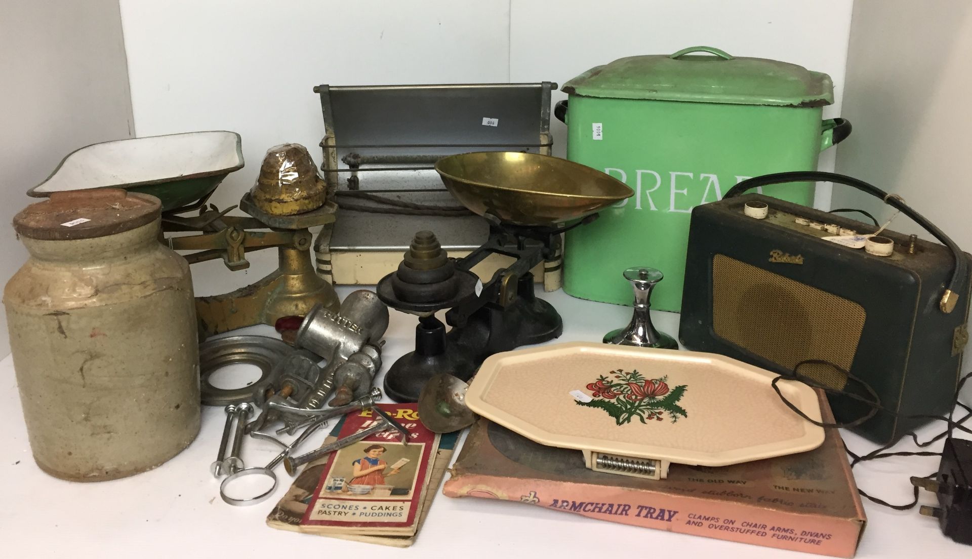 Ten plus vintage items mainly kitchenalia including two weighing scales with pans and sets of