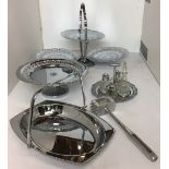 Five items mainly chromium plated including five piece cruet set, three plate folding cake stand,