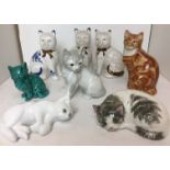 Contents to tray - eight ceramic cats including pair of reproduction Staffordshire 21cm high,