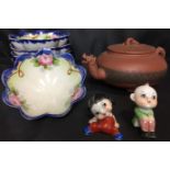 Eight items including terracotta dragon teapot 9cm high, boy and girl figurines 5cm high,