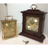 Two clocks - Metamec mahogany cased mantel clock 29cm high, including handle,
