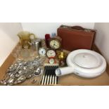 Contents to tray - cutlery, set of six bone handled knives, vintage brown attache/overnight case,