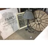 Four items - metal framed battery wall clock 60cm diameter, grey table lamp with shade 60cm high,