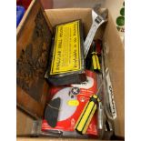 Contents to small box - two small wood panels, angular drill holder, smoke alarm etc.