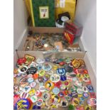 Contents to two trays - badges, stamps, coins, bracelets,
