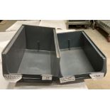 Contents to cage - approximately 140 grey plastic parts bins sizes XL5 and XL4,
