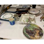 Contents to part of rack top - two Royal Worcester cake plates (boxed), slipware dish,