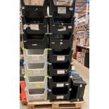Contents to pallet - 30 black and clear plastic stacking crates,